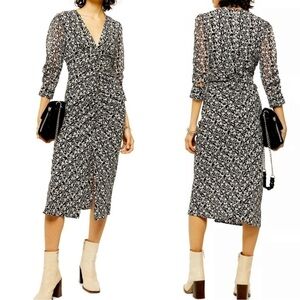 TOPSHOP Ruched Floral Print midi Dress black white size 4
